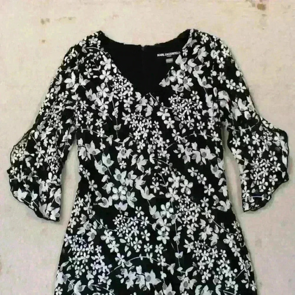 KARL LAGERFELD Flutter Angel Sleeve Floral Knee Length Lace Dress Black White  4 - Picture 3 of 10